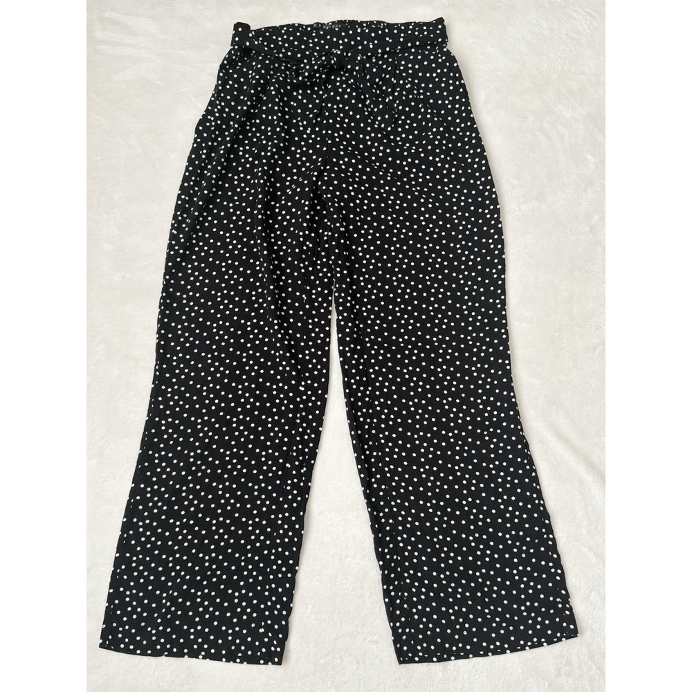 Meg & Margot Polka Dot Wide Leg Pants Womens M Black White Tie Waist Palazzo